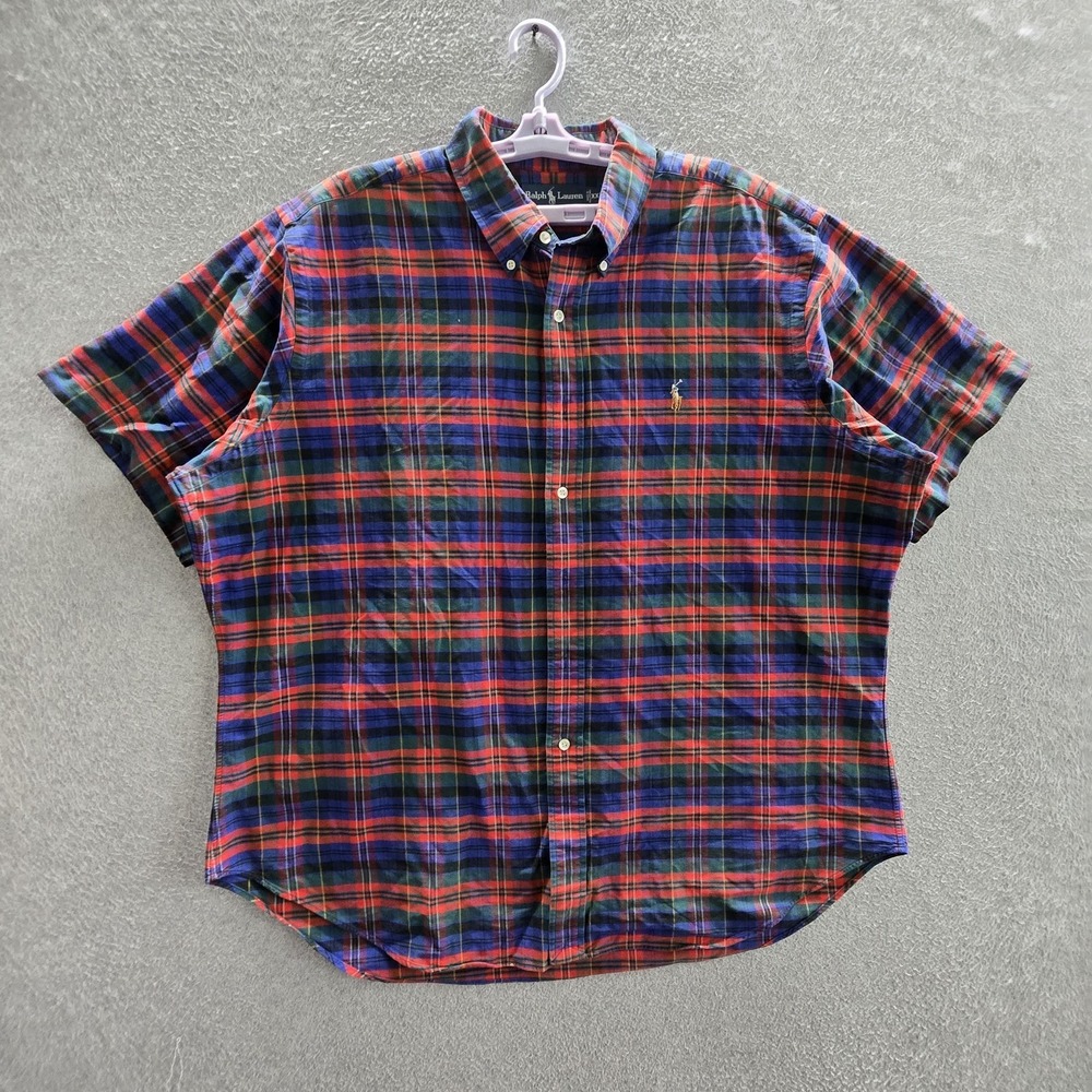 Ralph Lauren Men Button Up Shirt XXL Blue Embroidered Plaid Casual Madras